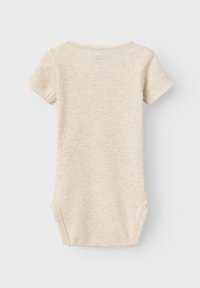 Short-sleeve, ribbed baby bodysuit in light beige with delicate lace trim around the neckline and snap closure at the bottom.