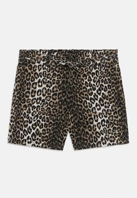 Leopardmönstrade shorts med dragsko i midjan, tillverkade av ett mjukt tyg med en blandning av bruna och svarta nyanser i ett texturerat mönster.