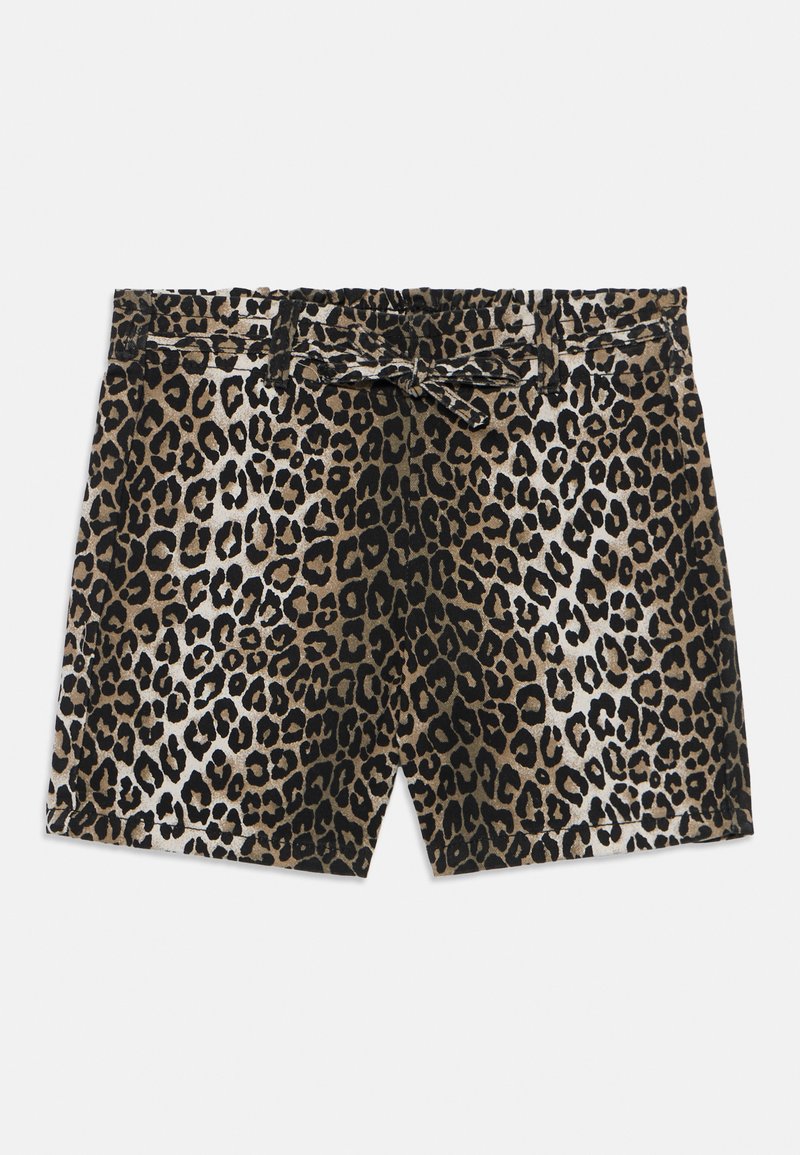 Lapu pēdas šorti ar aukliņu jostu, izgatavoti no mīksta auduma, ar brūnu un melnu krāsu maisījumu tekstūrā.