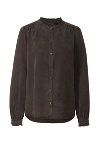 Blouse à manches longues marron foncé avec un col volanté, fermeture par boutons sur le devant et poignets froncés, fabriquée dans un tissu lisse avec un léger éclat.