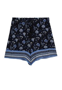 Námornické květinové šortky s modro-bílými vzorovanými lemy, s elastickým pasem na šňůrku a střapci. Směs bavlny.