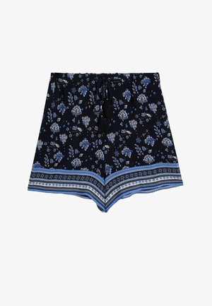 Navy floral print shorts with blue and white patterned trim, featuring a drawstring waistband and tassel accents. Cotton blend fabric.