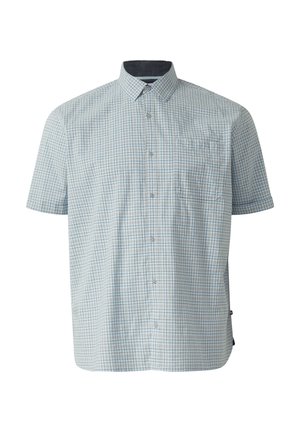 Niebieska koszula z krótkim rękawem, zapinana na guziki, w kratę, z kieszenią na piersi, pokazana na białym tle.
