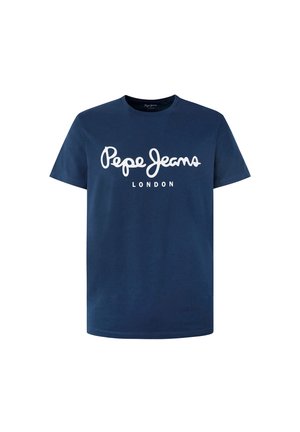 Navy Baumwoll-T-Shirt mit kurzen Ärmeln, das ein weißes Schriftlogo "Pepe Jeans" und "LONDON" darunter zeigt, mit rundem Ausschnitt und lockerer Passform.