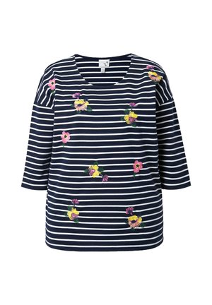 Navy and white striped long-sleeve shirt with scattered pink and yellow floral embroidery and a round neckline.