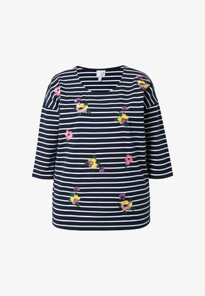 Maglietta a maniche lunghe a righe navy e bianche con ricami floreali rosa e gialli sparsi e scollo rotondo.