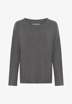 Tumehall pikkade varrukatega soonikkoes pluus ümara kaelusega, lõdva istuvusega ja "Copenhagen" sildiga krae sees.