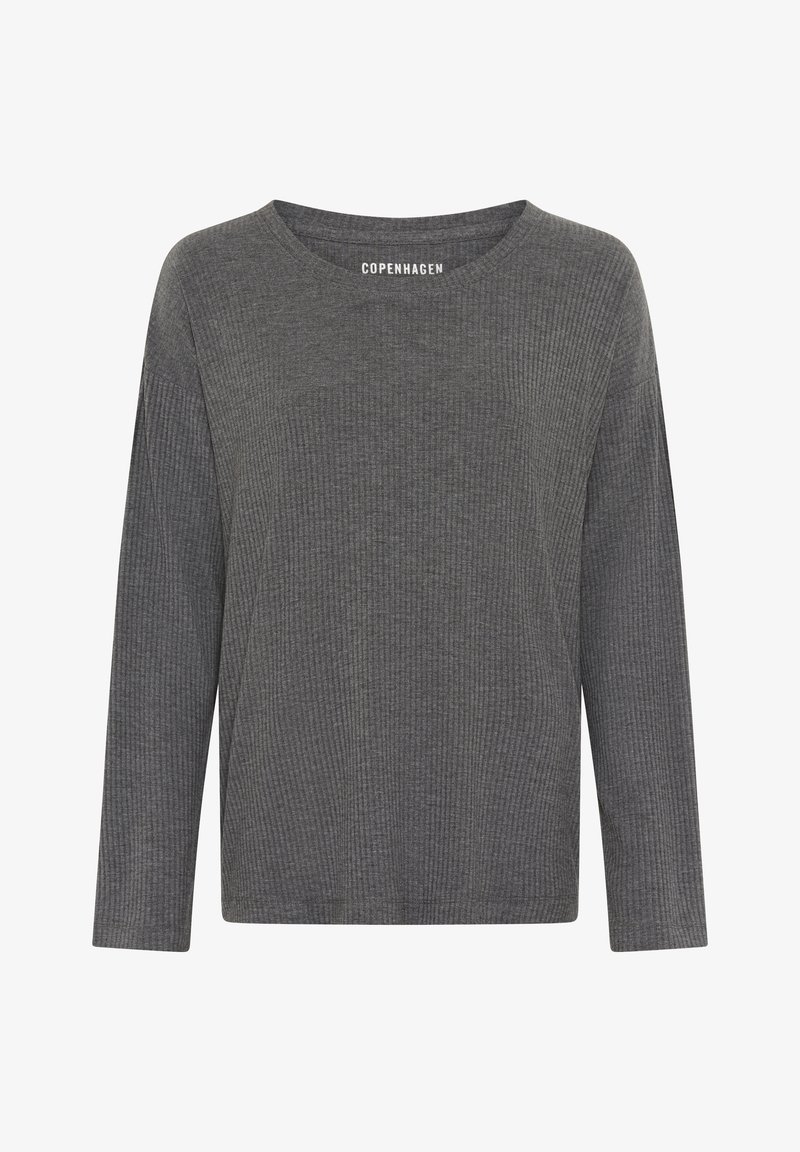 Tamsiai pilka ilgarankovė ribuoto trikotažo palaidinė su apvalia iškirpte, laisvo silueto, su etiketėle "Copenhagen" ant vidinio apykaklės krašto.