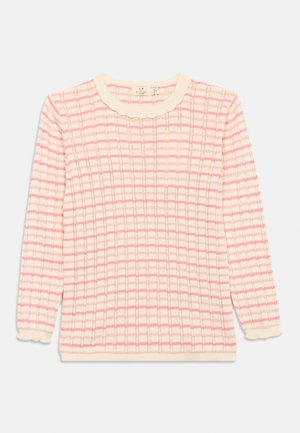 Maglione a maglia crema con righe orizzontali e verticali rosa e beige, scollatura a girocollo smerlata e maniche lunghe con polsini arricciati.