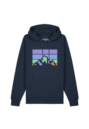 Marineblauer Hoodie mit Fronttasche und Kordelzug, mit einem bunten geometrischen Bergmotiv unter einem gestreiften Himmel.