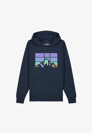 Marineblauer Hoodie mit Fronttasche und Kordelzug, mit einem bunten geometrischen Bergmotiv unter einem gestreiften Himmel.