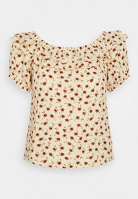 Blusa floral com mangas curtas em balão e decote com franzido. Feita de um tecido leve com um fundo amarelo e padrão floral em vermelho e verde.