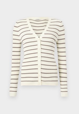 Kremo spalvos dryžuotas megztinis su ilgomis rankovėmis, rudomis horizontaliomis juostelėmis, V formos auskaru ir priekyje esančiais mygtukais.