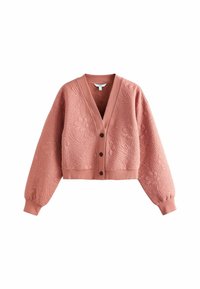 Cardigan scurt de culoare roz murdar, cu textură brodată floral, manșete și tiv cu dantelă ondulată și trei nasturi maronii pe față.