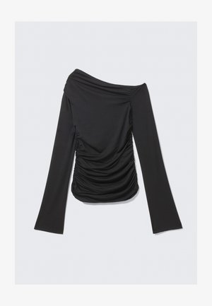 Top nero con spalle scoperte e maniche lunghe, con texture arricciata sui lati, realizzato in un tessuto morbido e elasticizzato, caratterizzato da un design aderente.