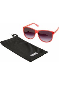 Røde plastsolbriller med gradient lilla linser. Inkluderer en svart stoffpose med snøring og hvit logo.
