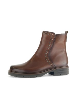 Braune Leder-Stiefeletten mit dekorativen Nieten an der Seite, einer runden Zehenpartie und einem niedrigen Blockabsatz. Profilierte Gummisohle für besseren Halt.