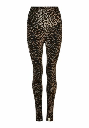 Leopardenmuster Leggings mit hoher Taille, aus einem glatten, dehnbaren Stoff gefertigt. Farben sind Schwarz und Brauntöne.