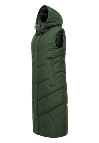 Green, sleeveless puffer vest with a hood. Features diagonal quilted pattern, front zipper, and a side pocket. Made from lightweight material.