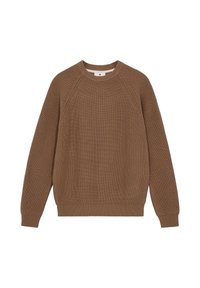 Maglione marrone a coste con scollo rotondo, maniche raglan e finitura testurizzata. Presenta un orlo e polsini aderenti per una vestibilità sicura.