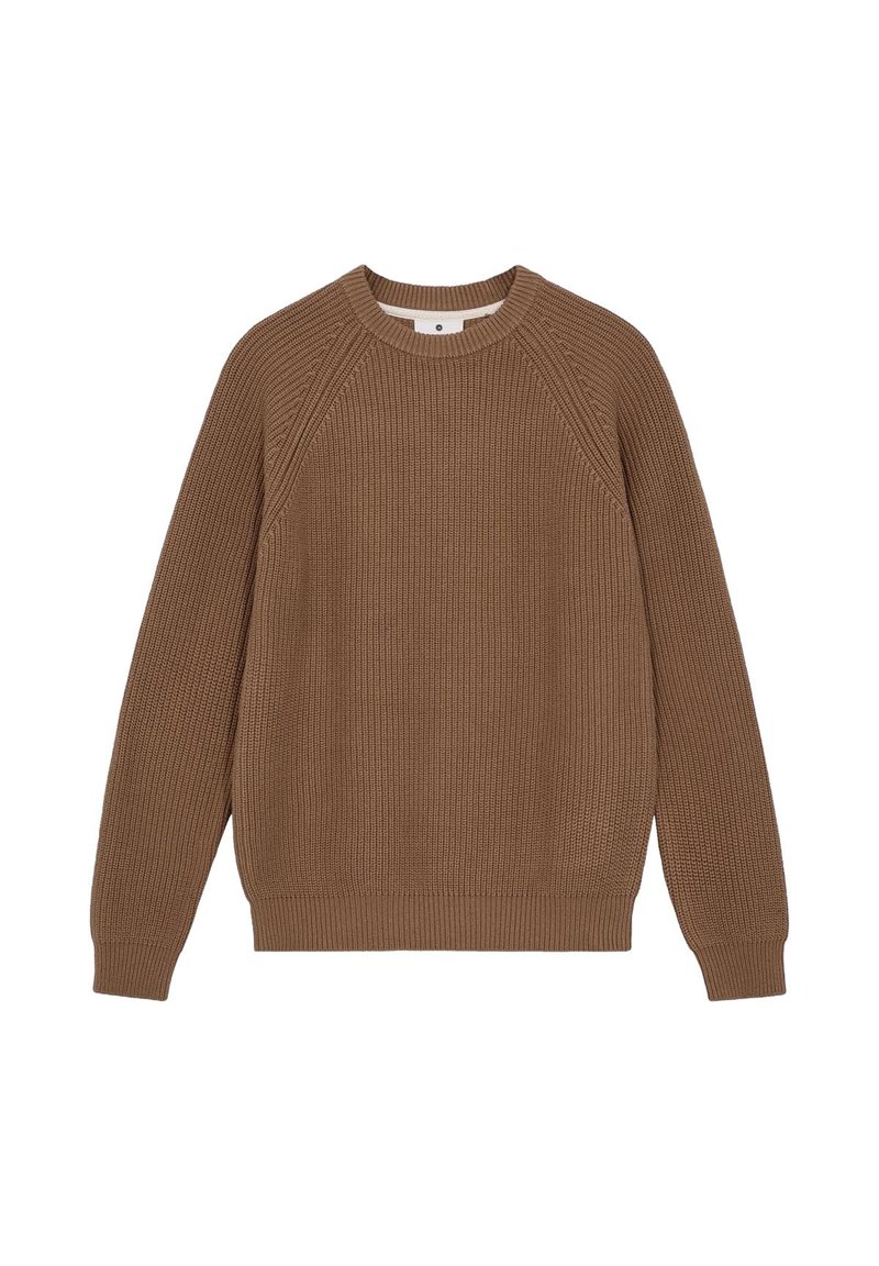 Maglione marrone a coste con scollo rotondo, maniche raglan e finitura testurizzata. Presenta un orlo e polsini aderenti per una vestibilità sicura.