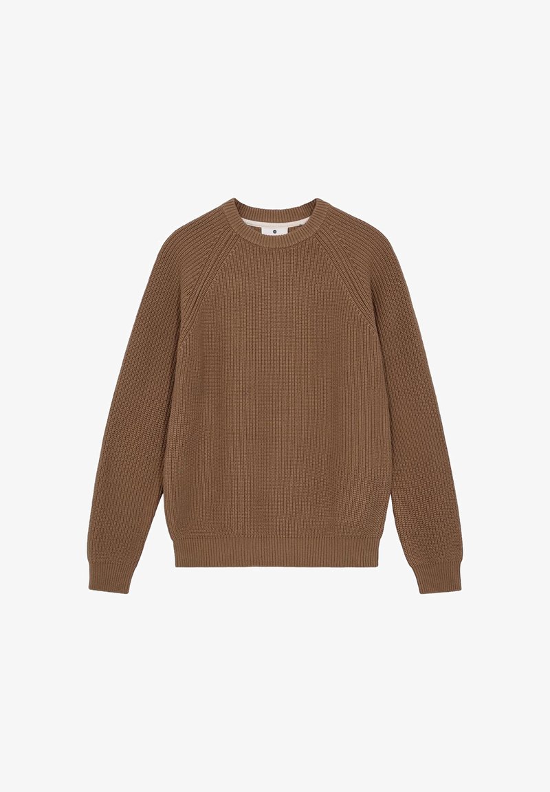 Maglione marrone a coste con scollo rotondo, maniche raglan e finitura testurizzata. Presenta un orlo e polsini aderenti per una vestibilità sicura.