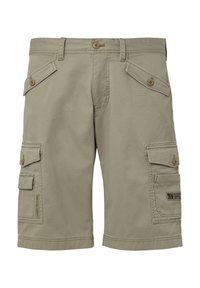 Khaki cargoshorts van katoen. Bevat twee zijzakken, twee voorkruisen met knopen en stiksel details.