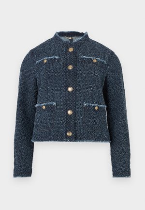 Navy blue tweed jacket with a collar, gold buttons, two front pockets, and frayed edges, featuring a cropped design and textured fabric.