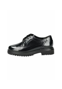 Schwarze Lederdressschuhe mit glänzender Oberfläche, runder Zehenpartie und robuster Gummisohle mit strukturiertem Profil für besseren Halt.