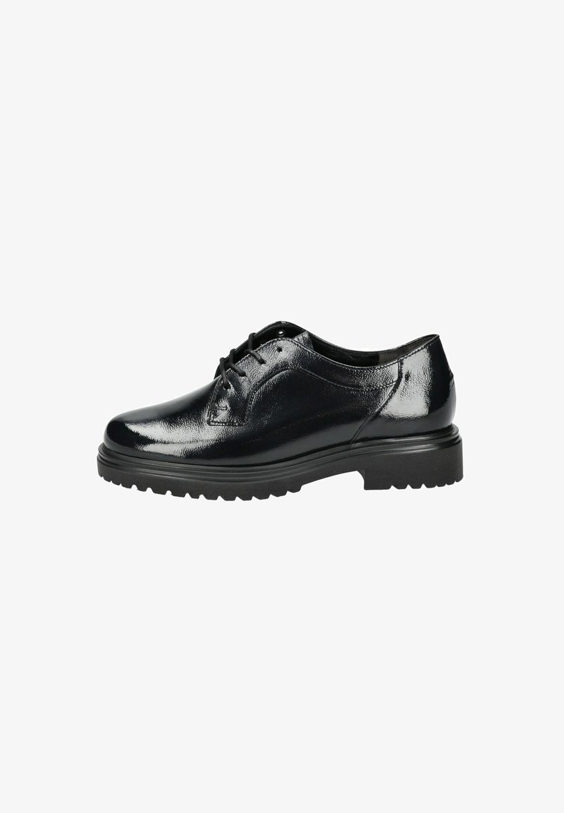 Scarpa da uomo in pelle nera con finitura lucida, punta arrotondata e suola in gomma resistente dotata di battistrada testurizzato per un'ottima aderenza.