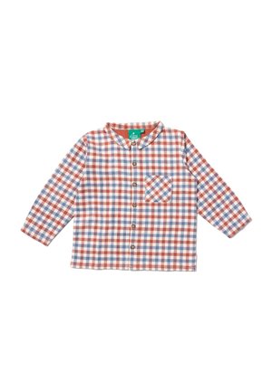 Langärmliges, kariertes Hemd in Rot, Blau und Weiß. Hergestellt aus weichem, strukturiertem Stoff mit Kragen, Knopfverschluss und aufgesetzter Tasche.