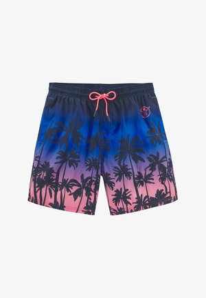 Herren-Badeshorts mit einem Farbverlauf von Blau zu Pink, schwarz silhouettierte Palmenmotive und einem kontrastierenden pinkfarbenen Kordelzug.