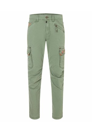Hellgrüne Cargohosen mit mehreren Taschen, Reißverschluss-Detail, Knopfverschluss und eingenähtem Kniedesign.
