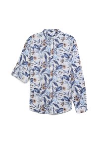 Camicia bianca con motivo floreale blu e marrone, maniche lunghe, design con bottoni, tessuto leggero e colletto a fascia.
