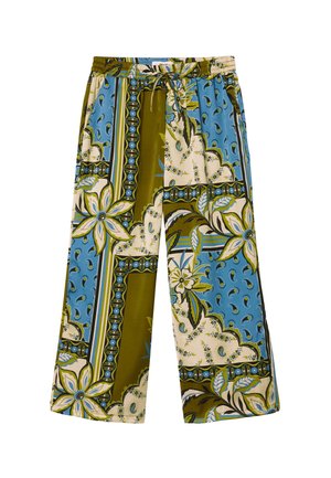 Pantalon ample avec un motif patchwork floral et paisley en vert olive, bleu et crème, avec une taille élastique à cordon.