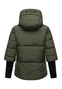 Puffer jacket in olive green with a hood and short sleeves. Features quilted texture and a black accent on the sleeve. Brand logo visible.