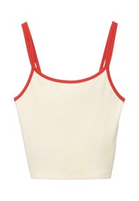 Crème-kleurige cropped tanktop met dunne dubbele schouderbanden en een rode rand langs de halslijn en schouderbanden.
