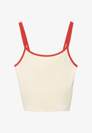 Kermanvärinen, lyhyt tankkitoppi, jossa on ohuet, kaksinkertaiset olkaimet ja punainen reunus kaula-aukon ja olkainten ympärillä.