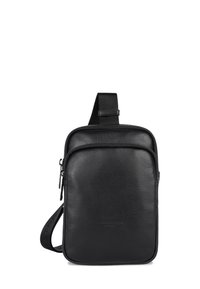 Borsa a tracolla nera in pelle con superficie texturizzata, tasca frontale con zip e cinturino regolabile. Forma rettangolare con bordi lisci.