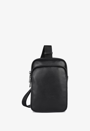 Borsa a tracolla nera in pelle con superficie texturizzata, tasca frontale con zip e cinturino regolabile. Forma rettangolare con bordi lisci.