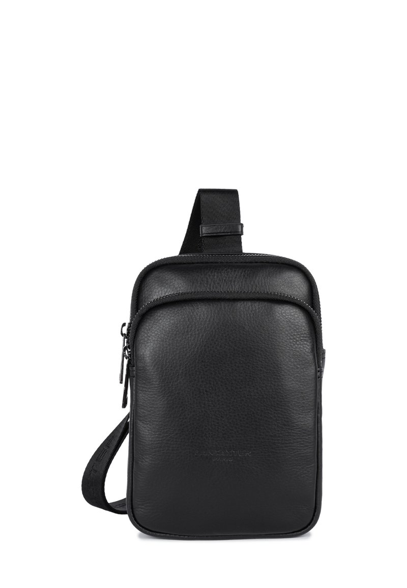 Borsa a tracolla nera in pelle con superficie texturizzata, tasca frontale con zip e cinturino regolabile. Forma rettangolare con bordi lisci.