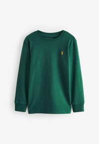 Grüner Langarm-Sweatshirt aus Baumwolle. Mit rundem Ausschnitt und einem kleinen goldenen Hummeremblem auf der linken Brust. Weicher Stoff.
