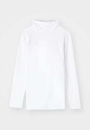 Haut à col roulé blanc à manches longues, présentant une texture douce et lisse ainsi qu'une coupe décontractée. Design simple sans motifs ni embellissements.