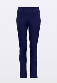 Marineblaue Hosen aus glattem, dehnbarem Stoff; mit hohem Bund, zwei Vordertaschen und schlankem, gerade geschnittenem Bein.