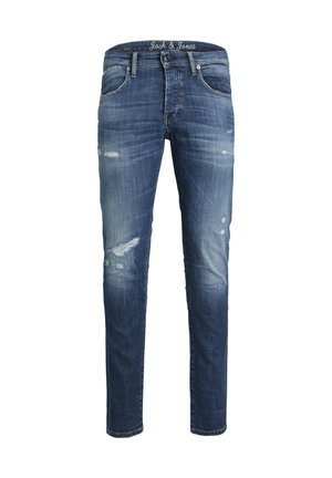 Los jeans de mezclilla azul oscuro presentan un corte ajustado con detalles desgastados, desvanecimiento visible y un diseño de cinco bolsillos. Nombre de la marca en la cinturilla.