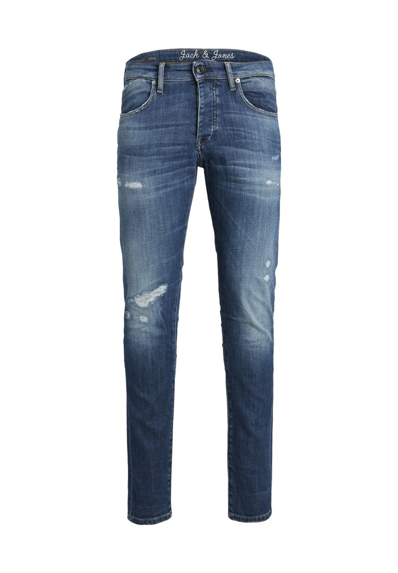 Los jeans de mezclilla azul oscuro presentan un corte ajustado con detalles desgastados, desvanecimiento visible y un diseño de cinco bolsillos. Nombre de la marca en la cinturilla.