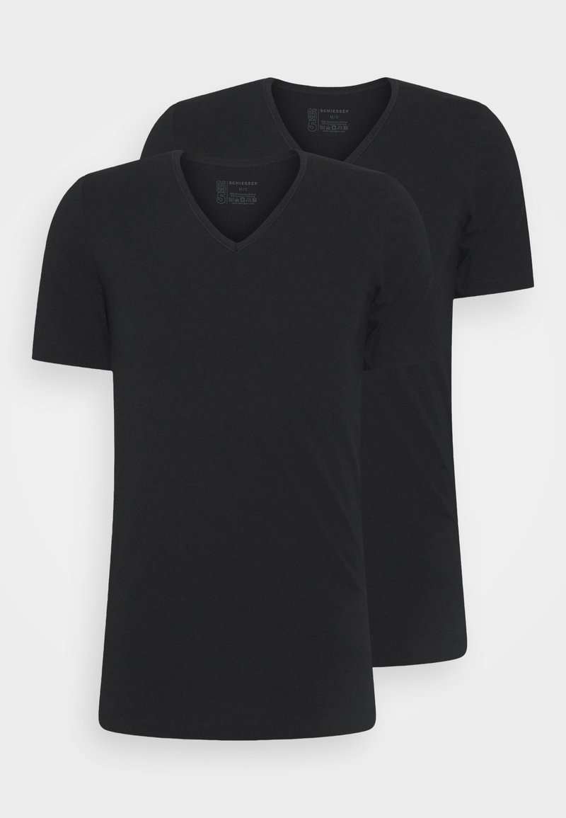 Two black v-neck t-shirts stacked, made of soft cotton blend, short sleeves, smooth texture, with a classic fit and minimal branding.