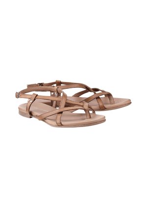 Sandales plates en cuir marron avec plusieurs fines brides et boucles à la cheville, vue latérale inclinée sur fond blanc.