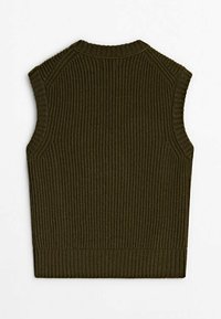 Gilet sans manches en tricot côtelé vert foncé avec un col rond, vu de dos sur fond blanc.