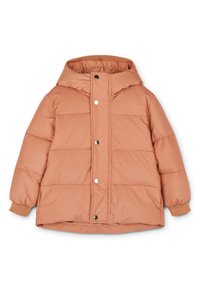 Padded jacket in light peach color, featuring a hood, silver snap buttons, and ribbed cuffs. Smooth fabric with quilted pattern.